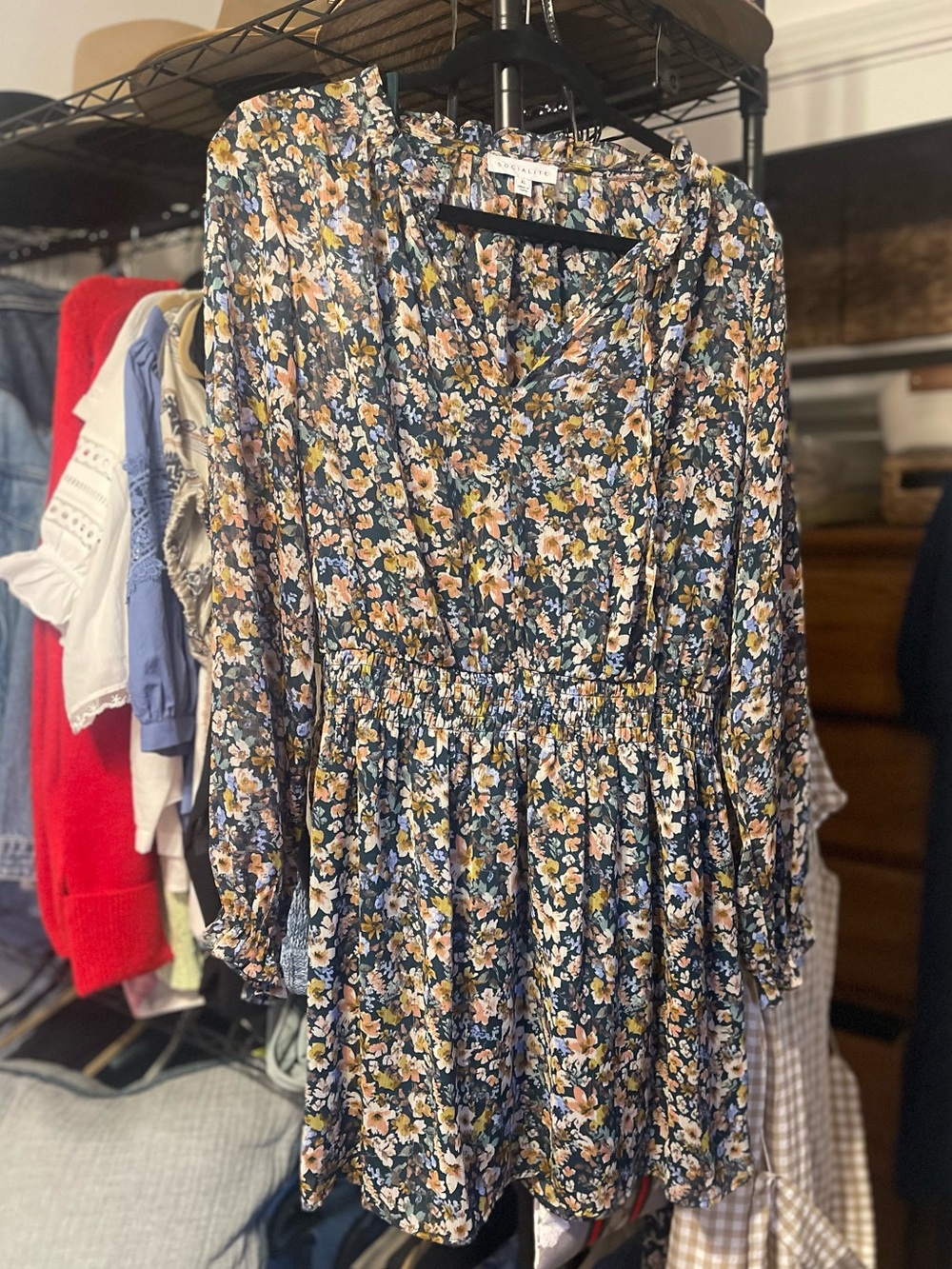 Socialite Green Floral Long Sleeve Smocked Mini Dress - Picture 5 of 5